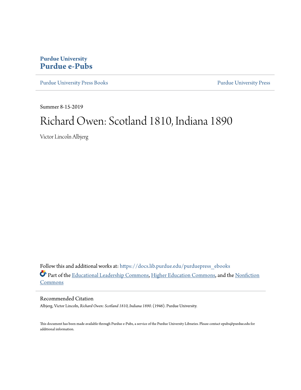 Richard Owen: Scotland 1810, Indiana 1890 Victor Lincoln Albjerg