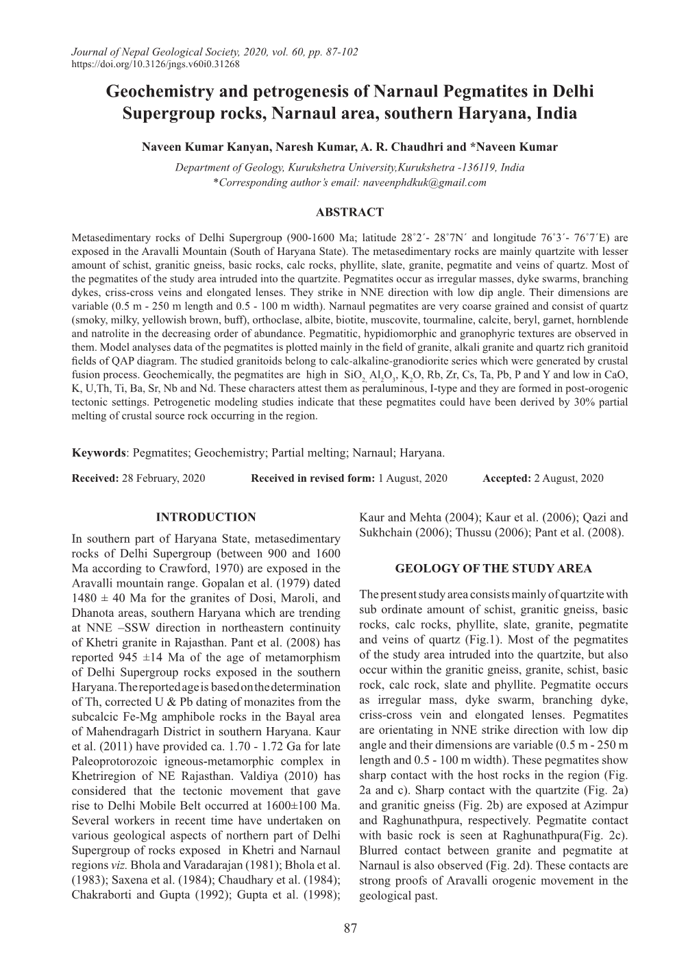 Geochemistry and Petrogenesis of Narnaul Pegmatites in Delhi Supergroup Rocks, Narnaul Area, Southern Haryana, India