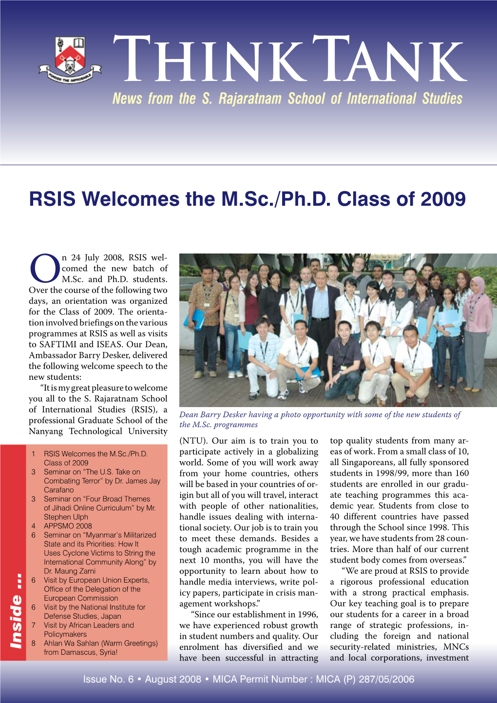 RSIS Welcomes the M.Sc./Ph.D. Class of 2009