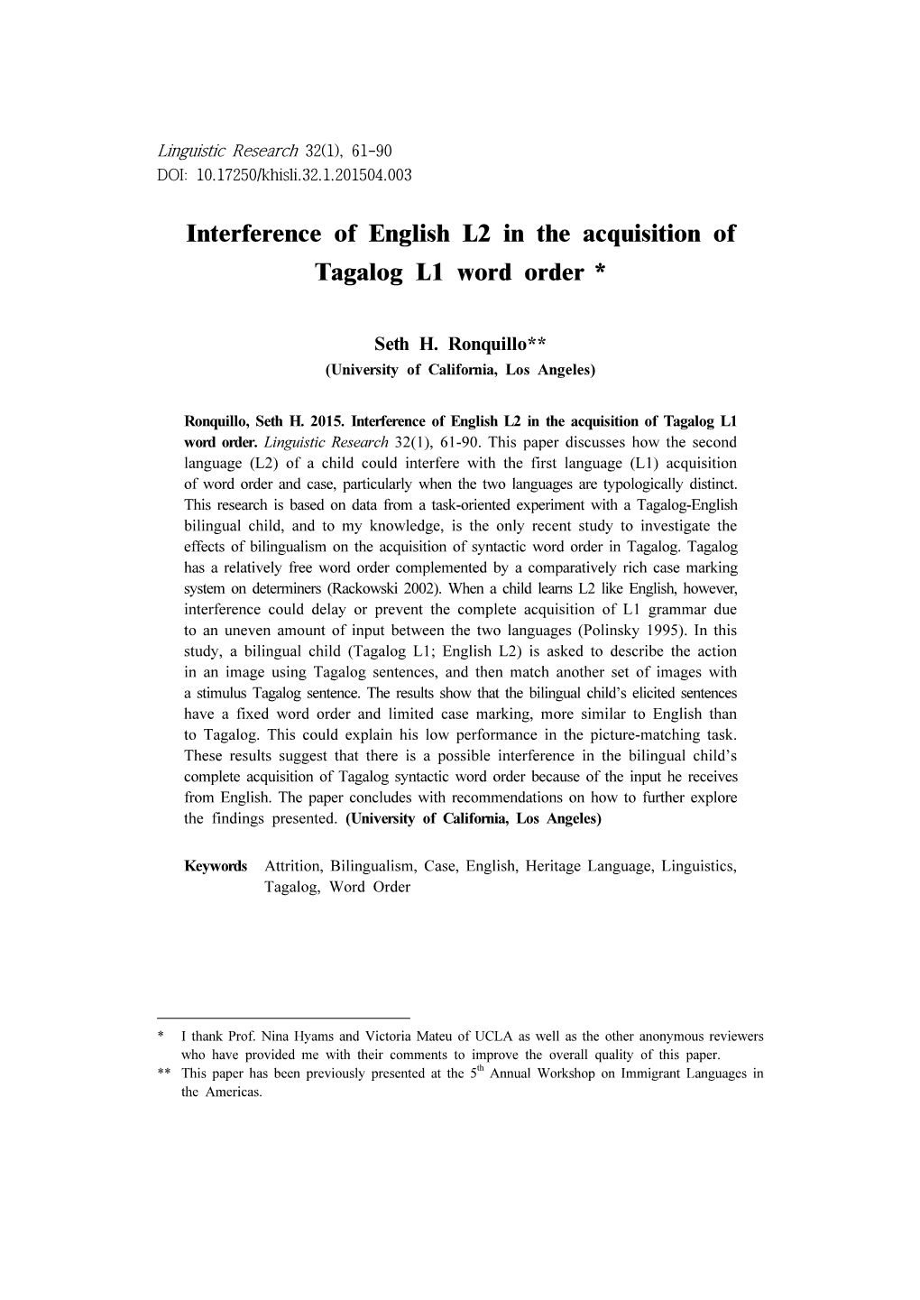 Interference of English L2 in the Acquisition of Tagalog L1 Word Order7*