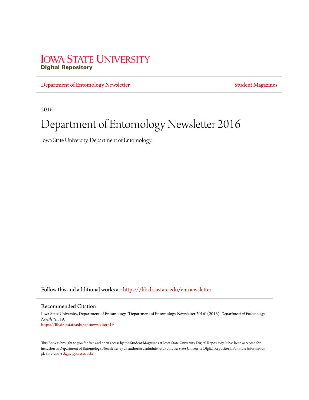 Department of Entomology Newsletter 2016 Iowa State University, Department of Entomology