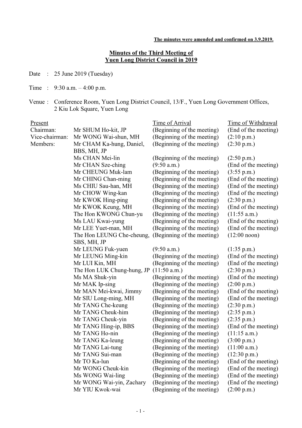 Minutes of the Third Meeting of Yuen Long District Council in 2019 Date