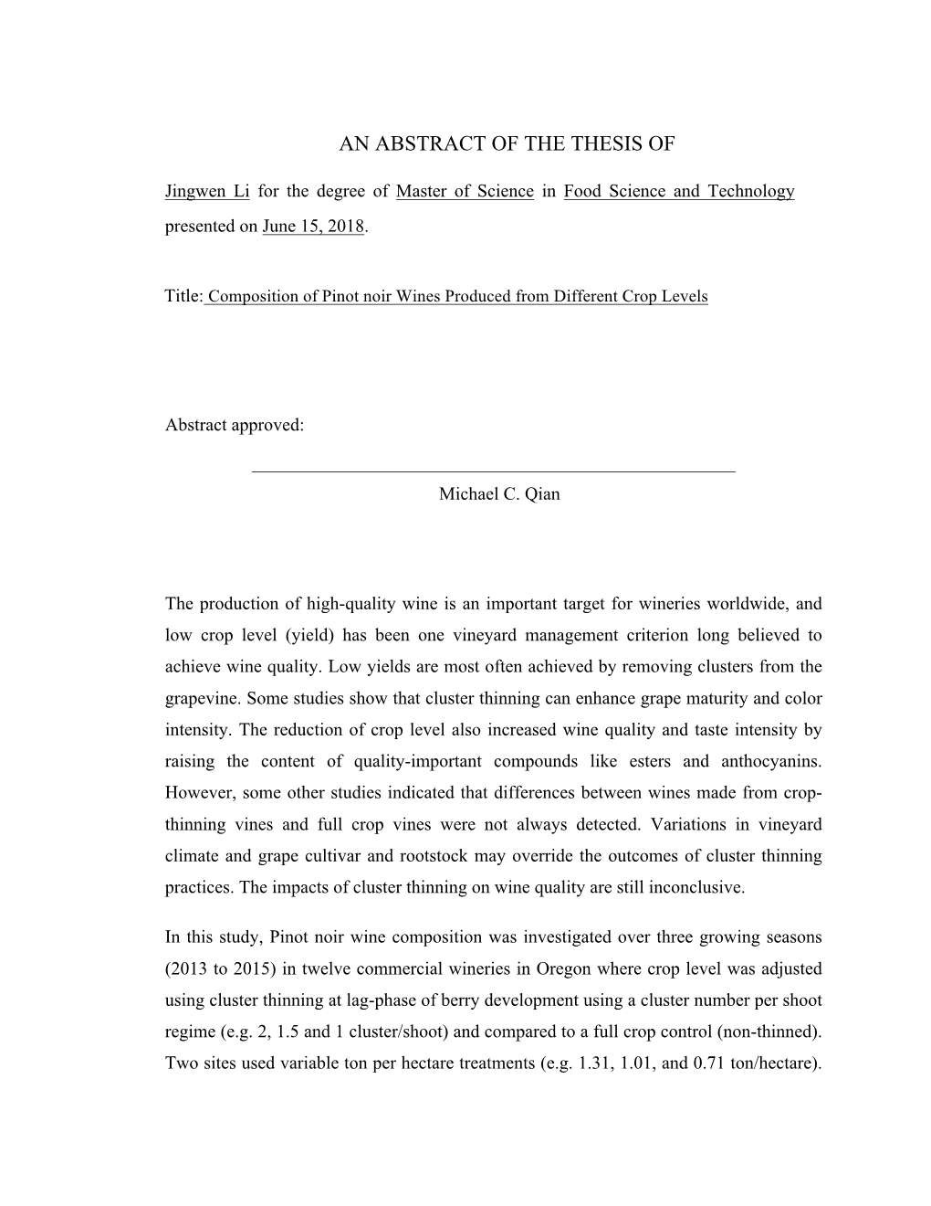 An Abstract of the Thesis Of