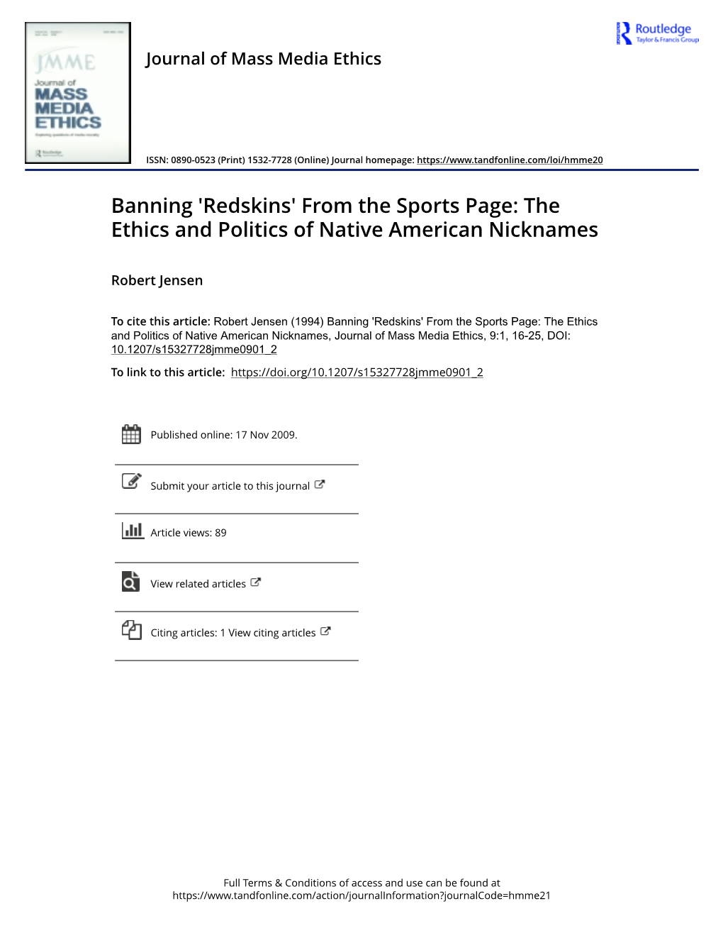 Banning 'Redskins' from the Sports Page: the Ethics and Politics of Native American Nicknames