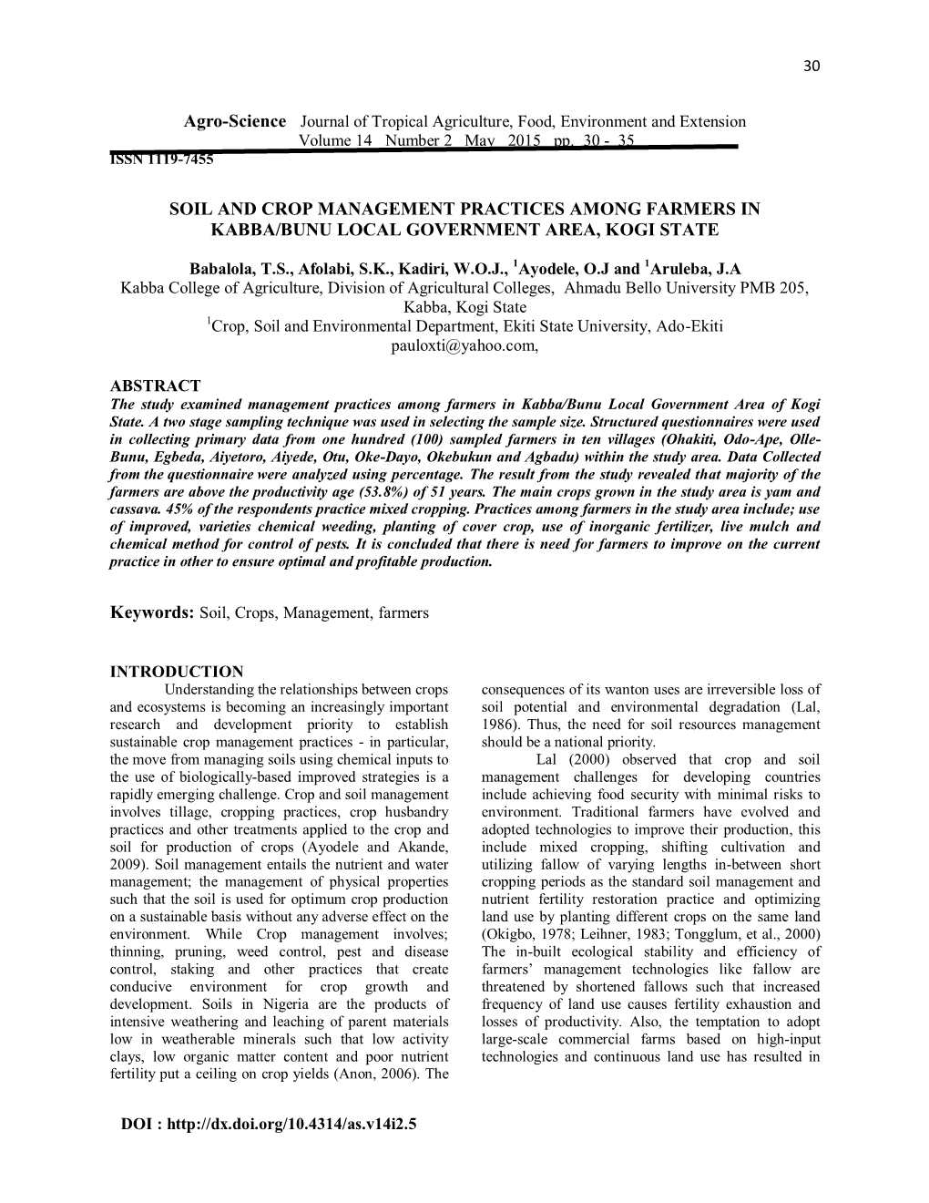 Agro-Science Journal of Tropical Agriculture, Food, Environment and Extension Volume 14 Number 2 May 2015 Pp