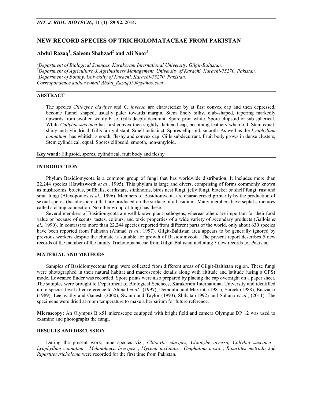 New Record Species of Tricholomataceae from Pakistan. Abdul