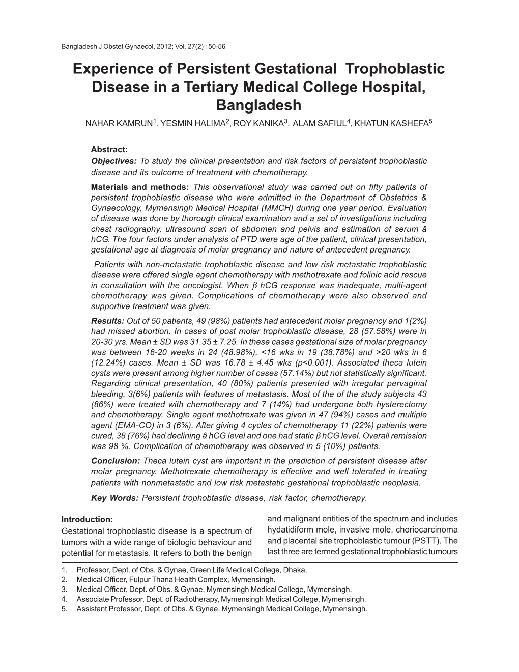 Experience of Persistent Gestational Trophoblastic Disease in a Tertiary