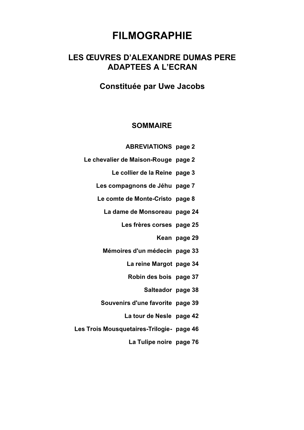 Filmographie Des Œuvres D'alexandre Dumas Père