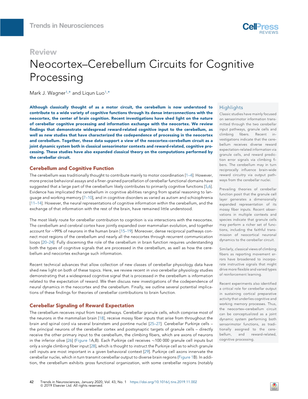 Neocortex-Cerebellum Circuits for Cognitive Processing