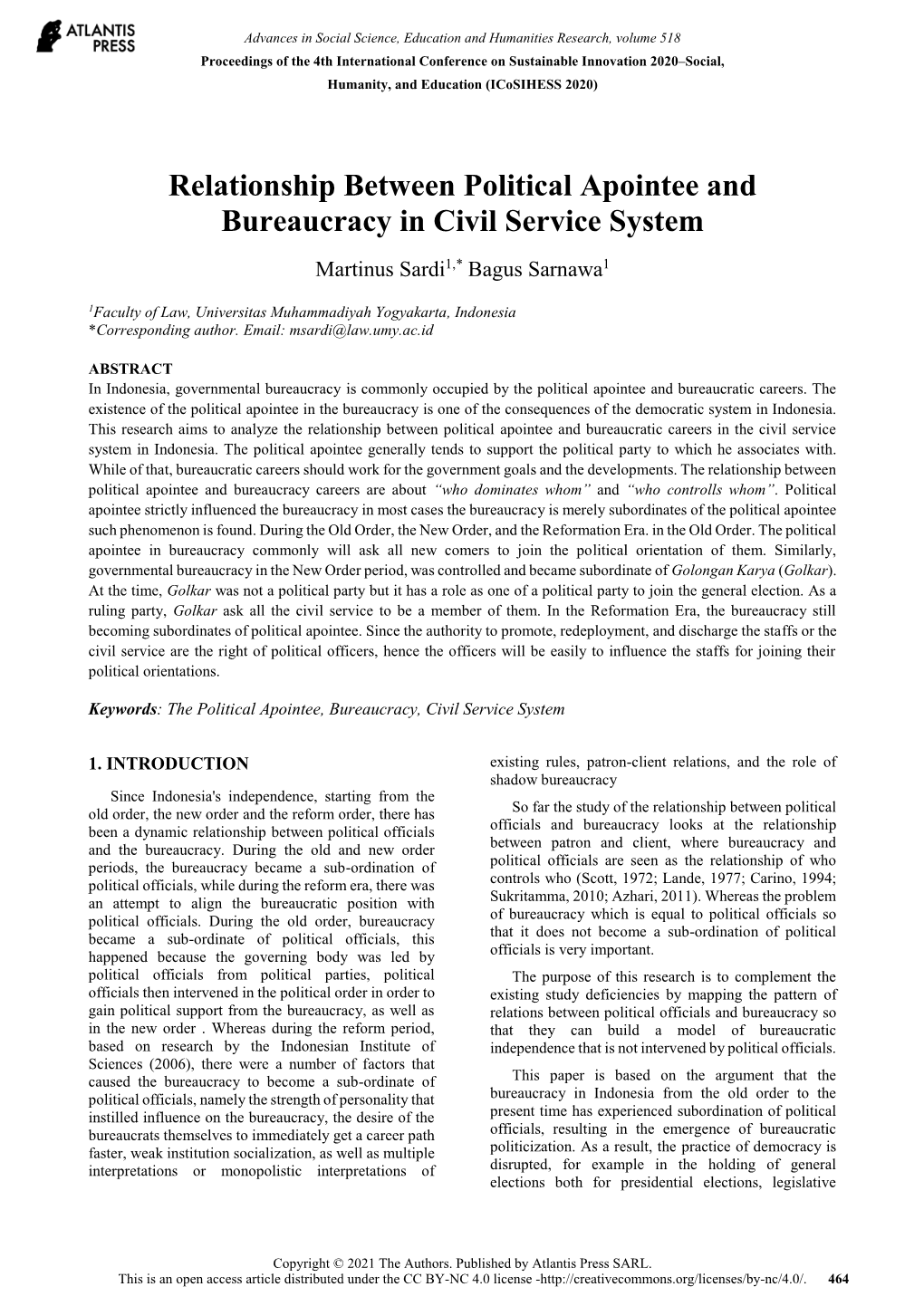 Relationship Between Political Apointee and Bureaucracy in Civil Service System Martinus Sardi1,* Bagus Sarnawa1