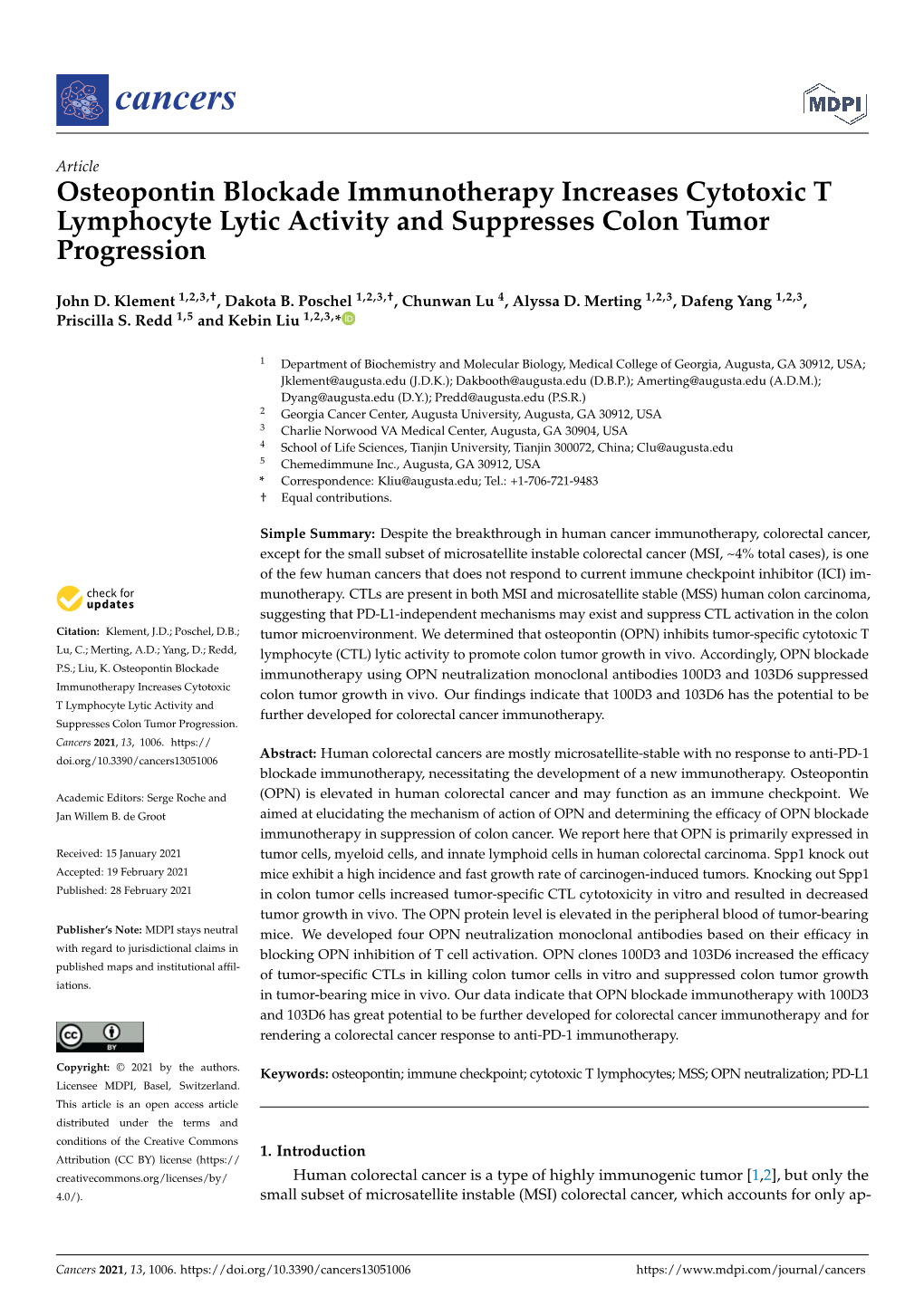 Osteopontin Blockade Immunotherapy Increases Cytotoxic T Lymphocyte Lytic Activity and Suppresses Colon Tumor Progression