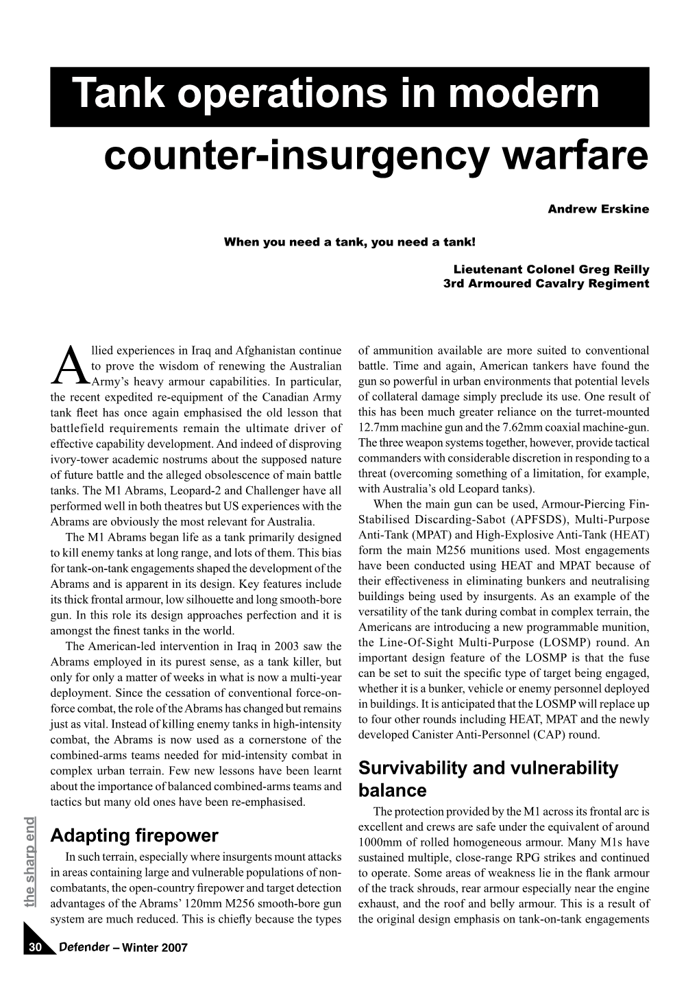 Tank Operations in Modern Counter-Insurgency Warfare