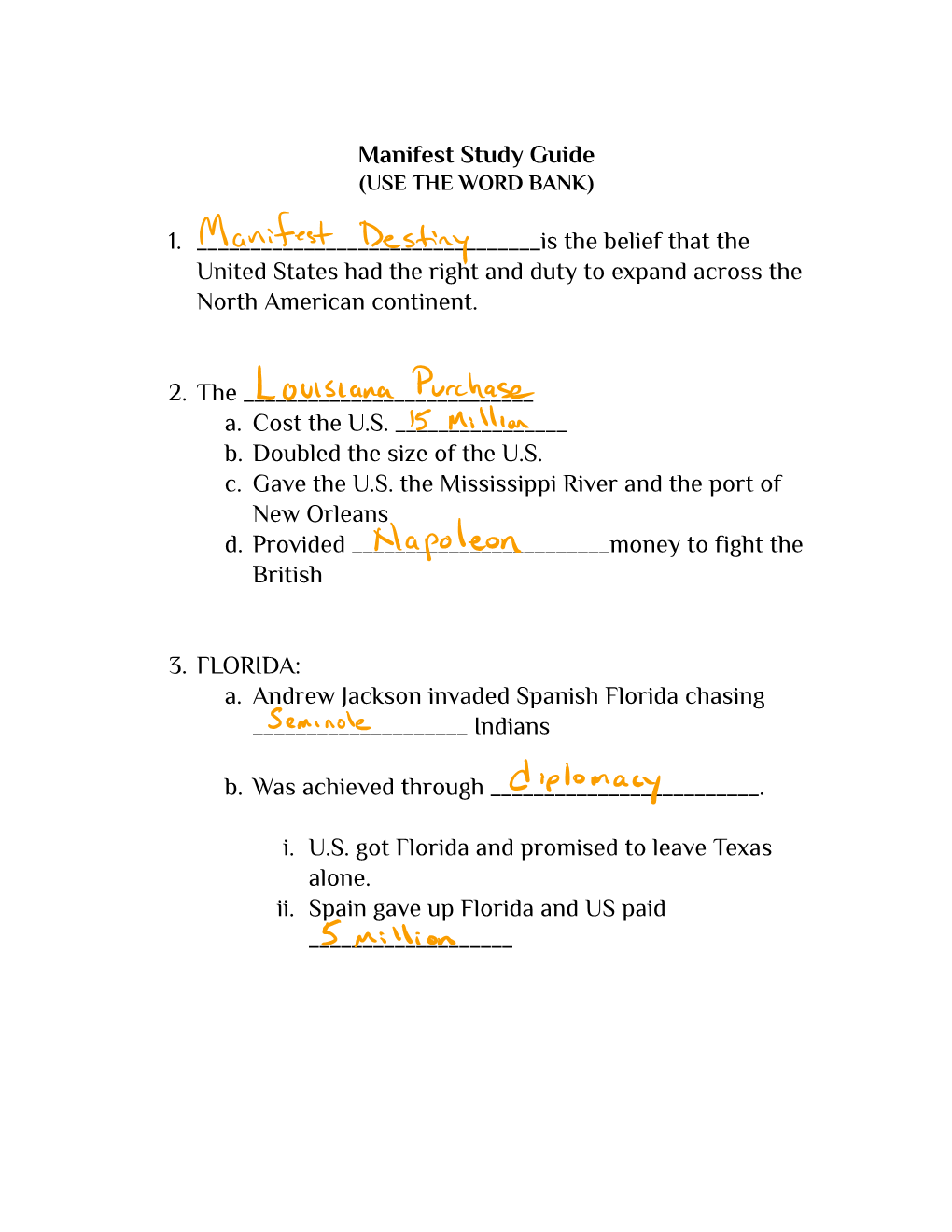 Manifest Study Guide (USE the WORD BANK)