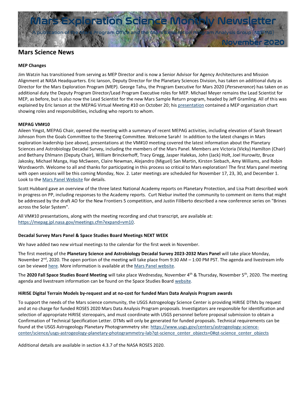 Mars Exploration Science Monthly Newsletter a Publication of the Mars Program Office and the Mars Exploration Program Analysis Group (MEPAG)