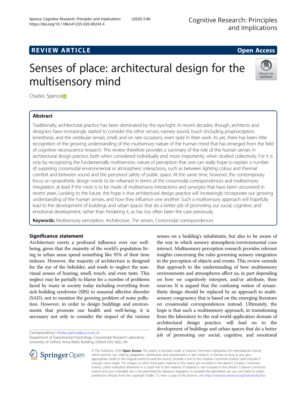 Senses of Place: Architectural Design for the Multisensory Mind Charles Spence