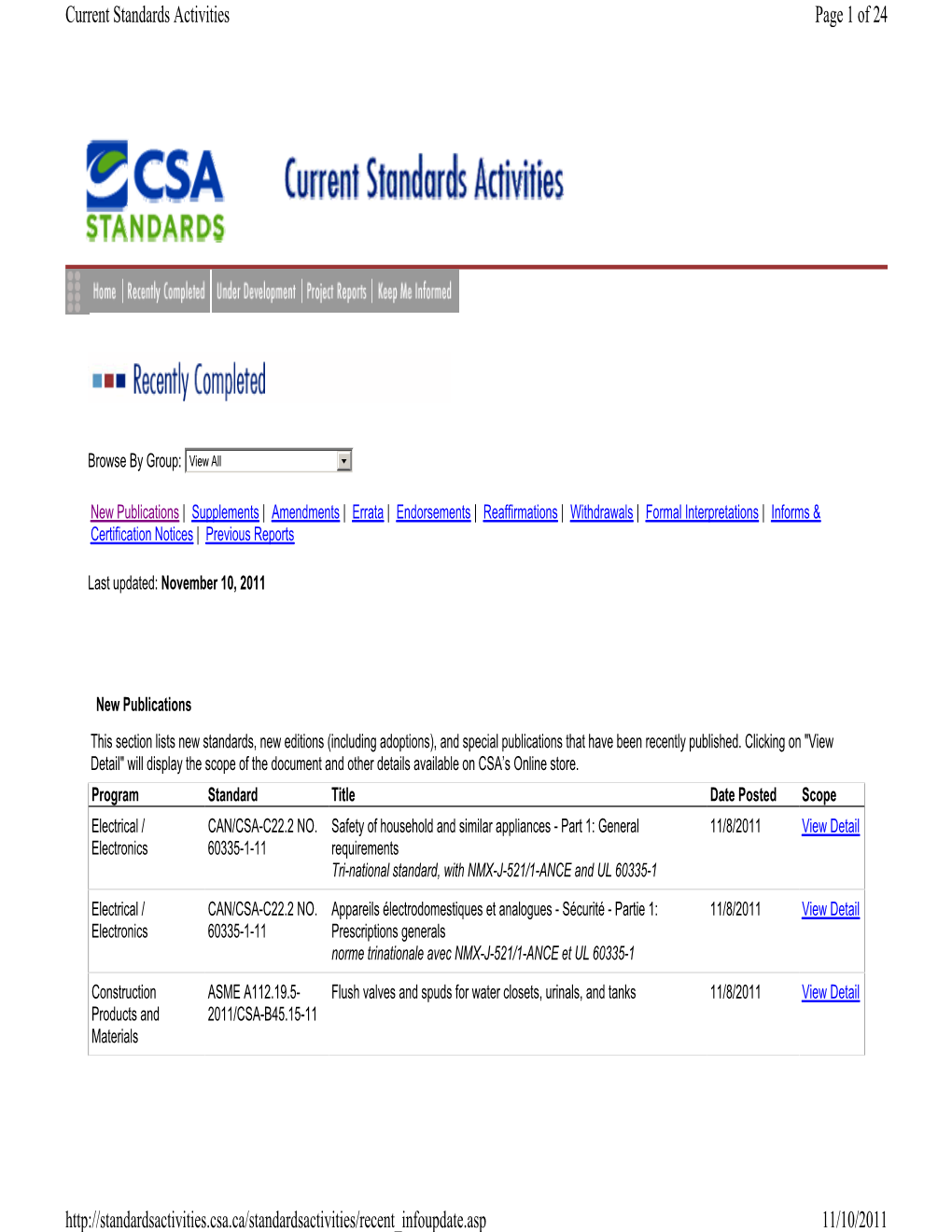 Page 1 of 24 Current Standards Activities 11/10/2011 Http