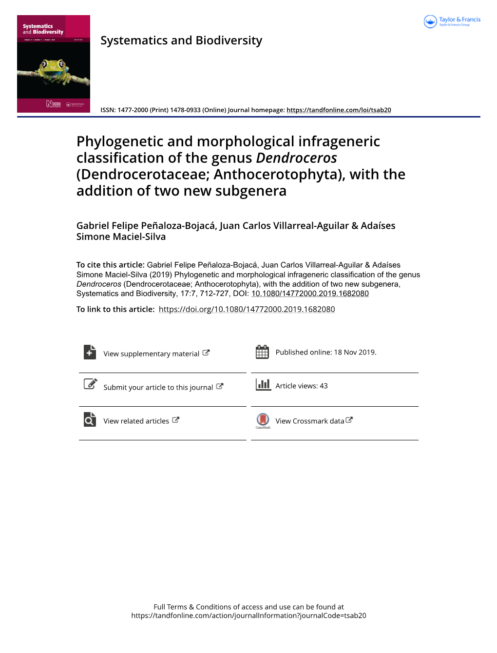 Phylogenetic and Morphological Infrageneric Classification of the Genus Dendroceros (Dendrocerotaceae; Anthocerotophyta), with the Addition of Two New Subgenera