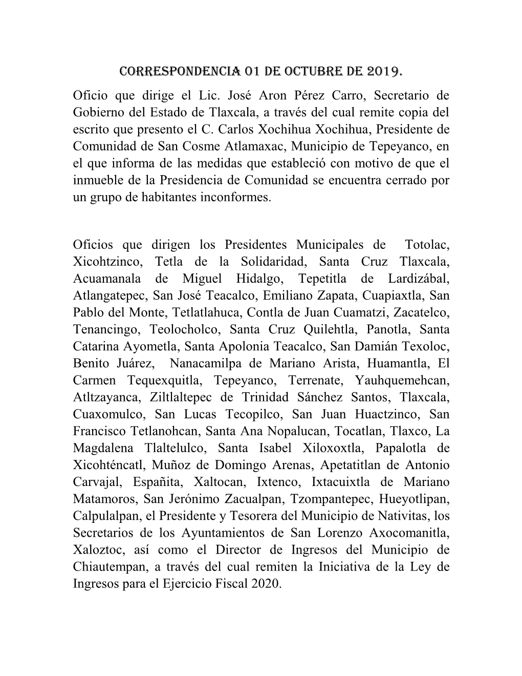 CORRESPONDENCIA 01 DE OCTUBRE DE 2019. Oficio Que Dirige El Lic