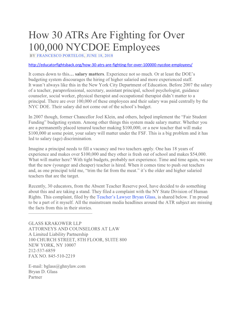 How 30 Atrs Are Fighting for Over 100,000 NYCDOE Employees by FRANCESCO PORTELOS, JUNE 18, 2018
