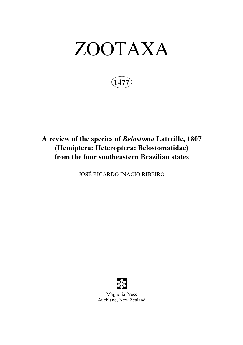 Zootaxa,A Review of the Species of Belostoma Latreille, 1807