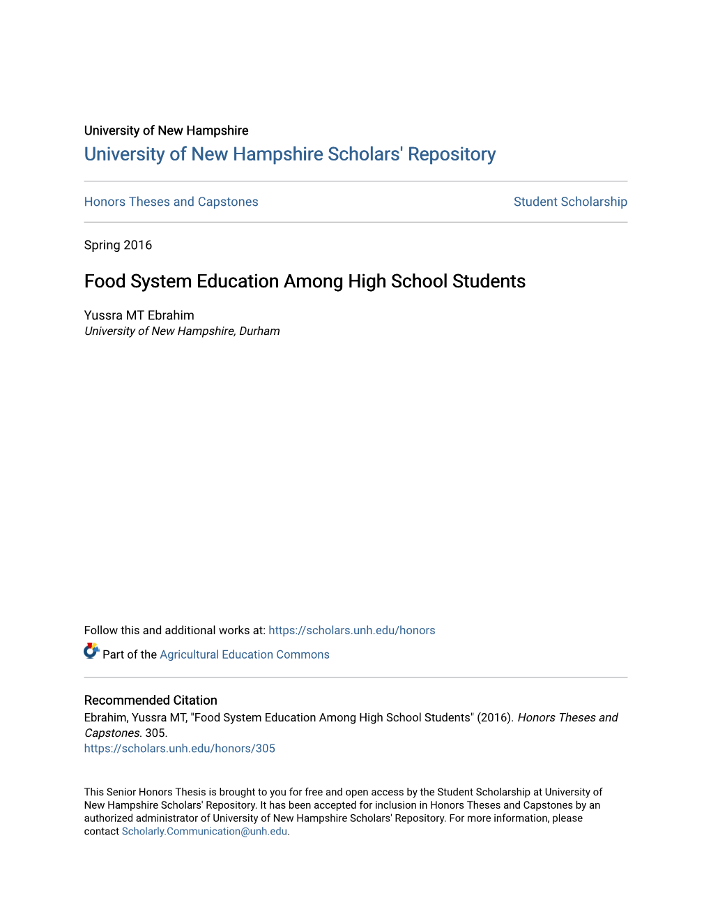 Food System Education Among High School Students