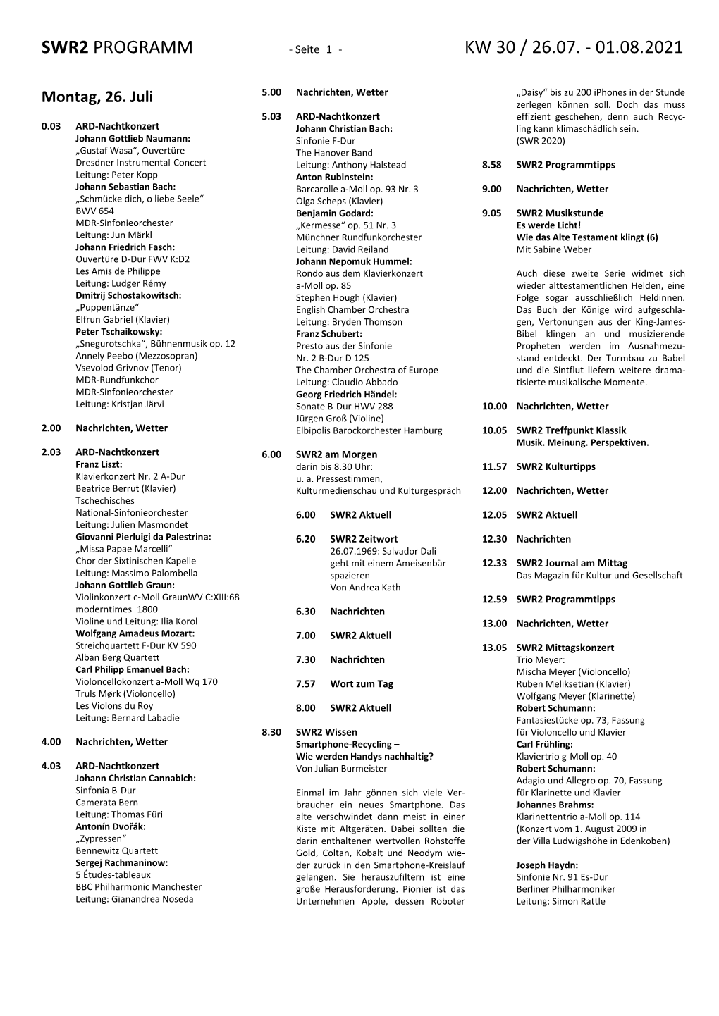 SWR2 Programm Vom 26. Juli Bis 1. August 2021