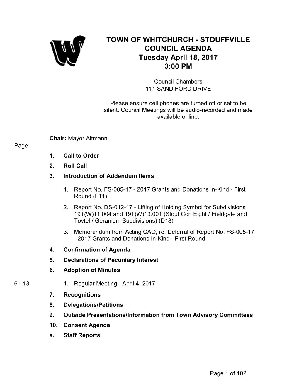 COUNCIL AGENDA Tuesday April 18, 2017 3:00 PM