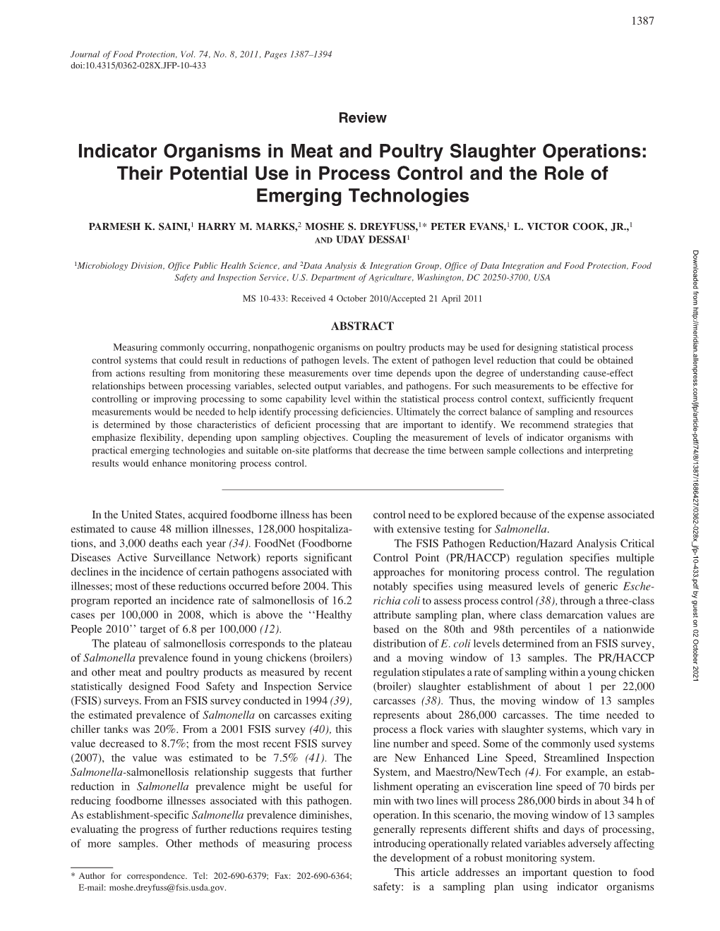 Indicator Organisms in Meat and Poultry Slaughter Operations: Their Potential Use in Process Control and the Role of Emerging Technologies