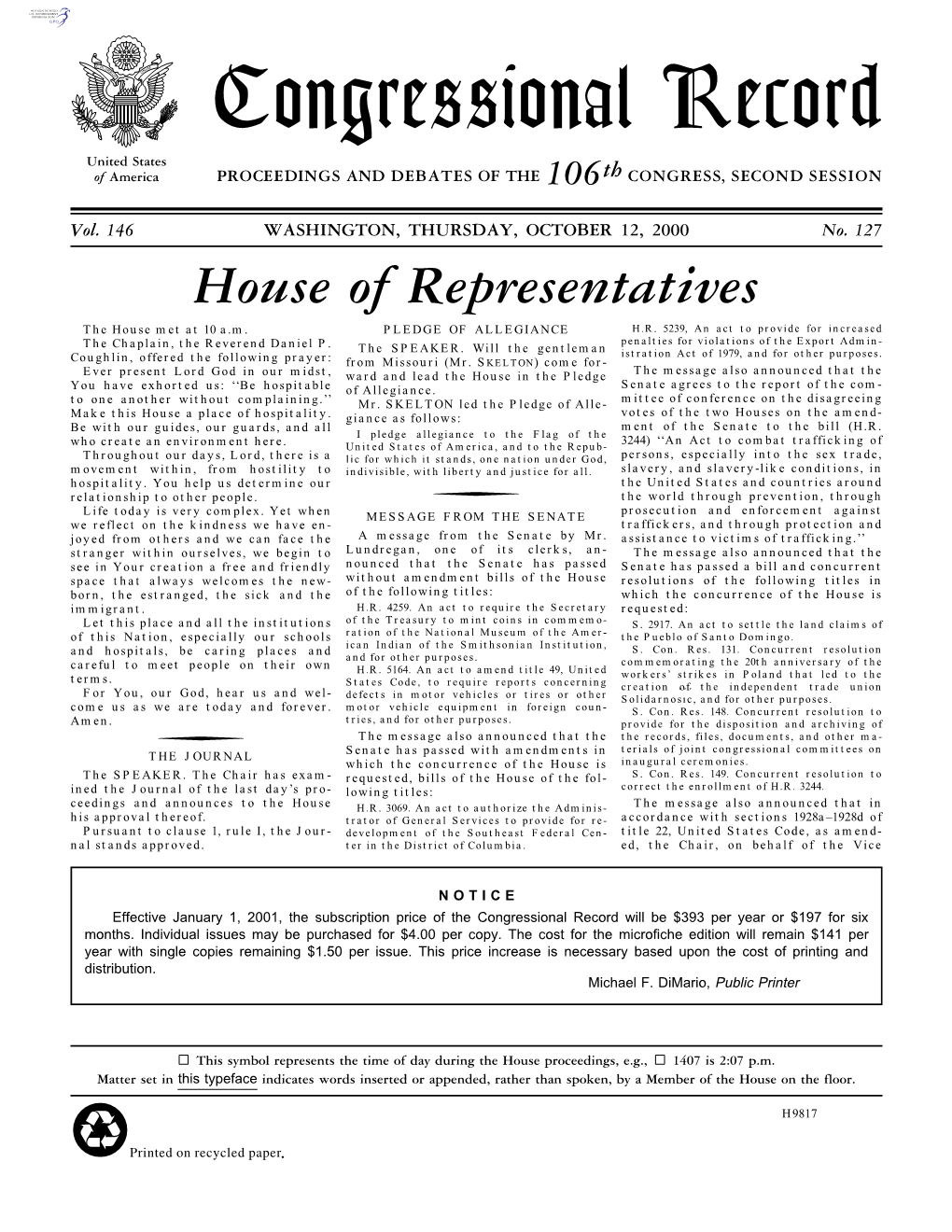 Congressional Record United States of America PROCEEDINGS and DEBATES of the 106Th CONGRESS, SECOND SESSION