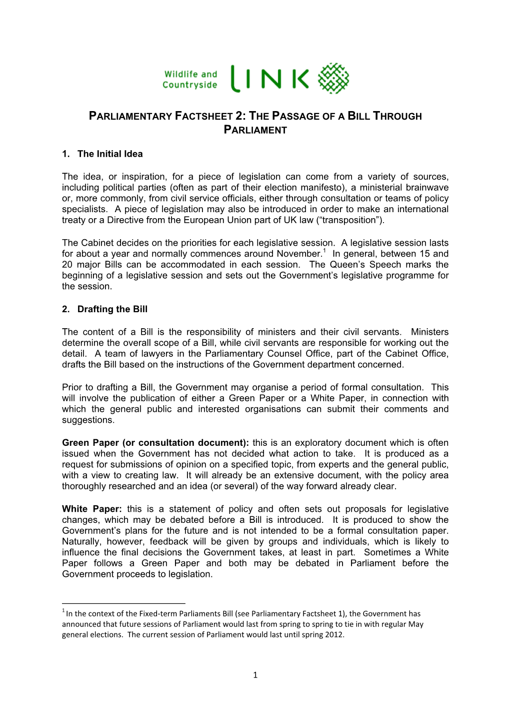 Parliamentary Factsheet 2: the Passage of a Bill Through Parliament