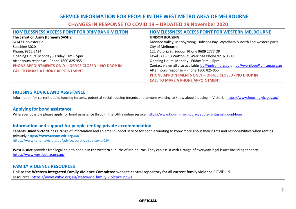 SERVICE INFORMATION for PEOPLE in the WEST METRO AREA of MELBOURNE CHANGES in RESPONSE to COVID 19 – UPDATED 19 November 2020