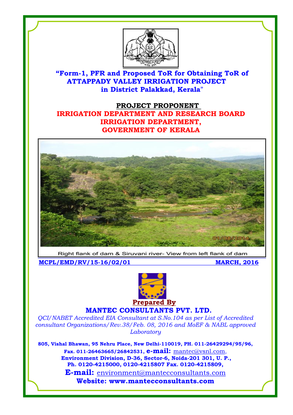 “Form-1, PFR and Proposed Tor for Obtaining Tor of ATTAPPADY VALLEY IRRIGATION PROJECT in District Palakkad, Kerala”