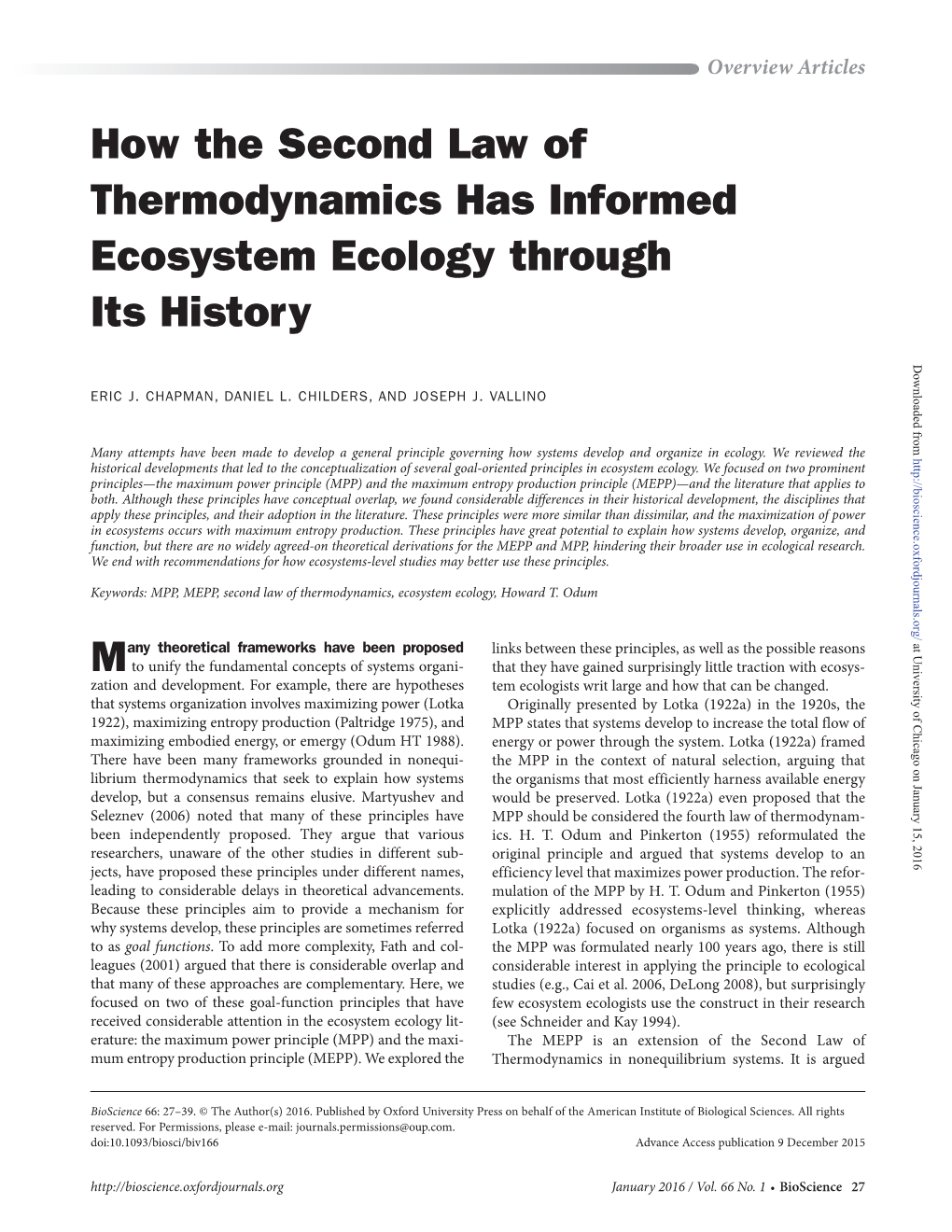 How the Second Law of Thermodynamics Has Informed Ecosystem Ecology Through Its History Downloaded From