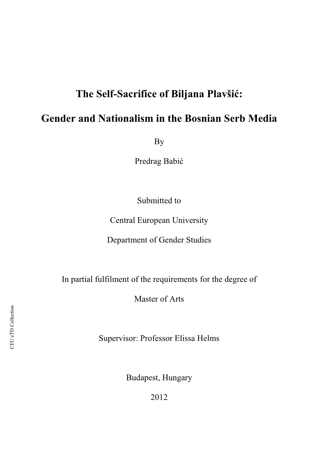 The Self-Sacrifice of Biljana Plavšić