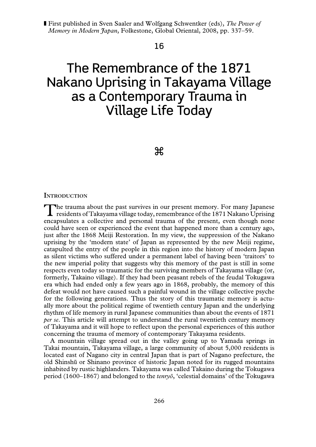 The Remembrance of the 1871 Nakano Uprising in Takayama Village As a Contemporary Trauma in Village Life Today