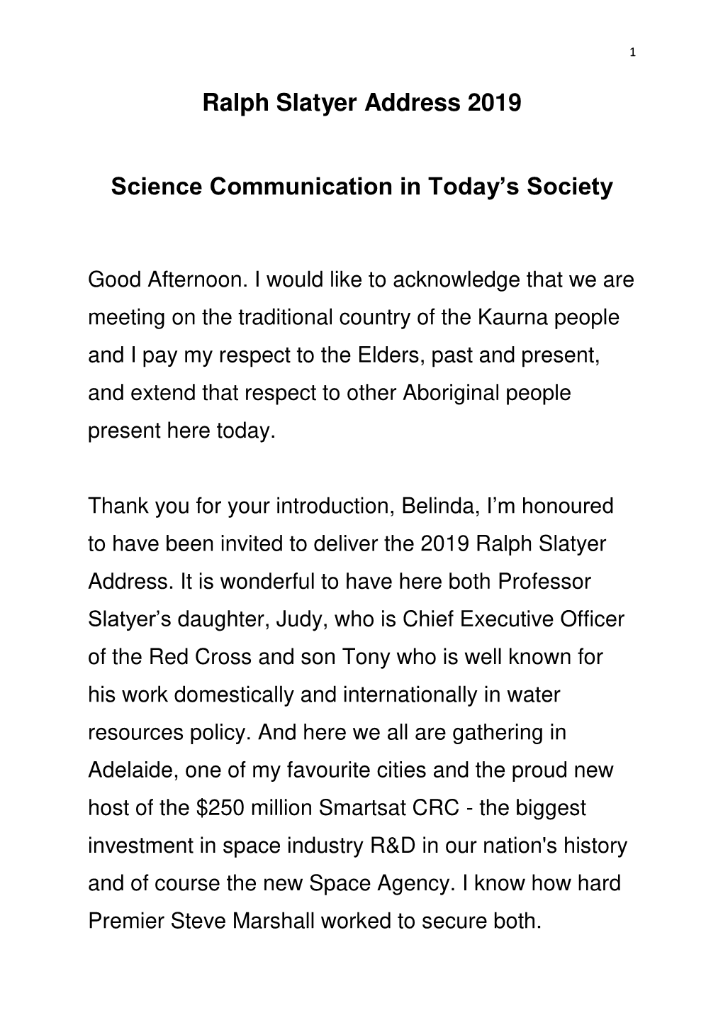 Ralph Slatyer Address 2019 Science Communication in Today's Society
