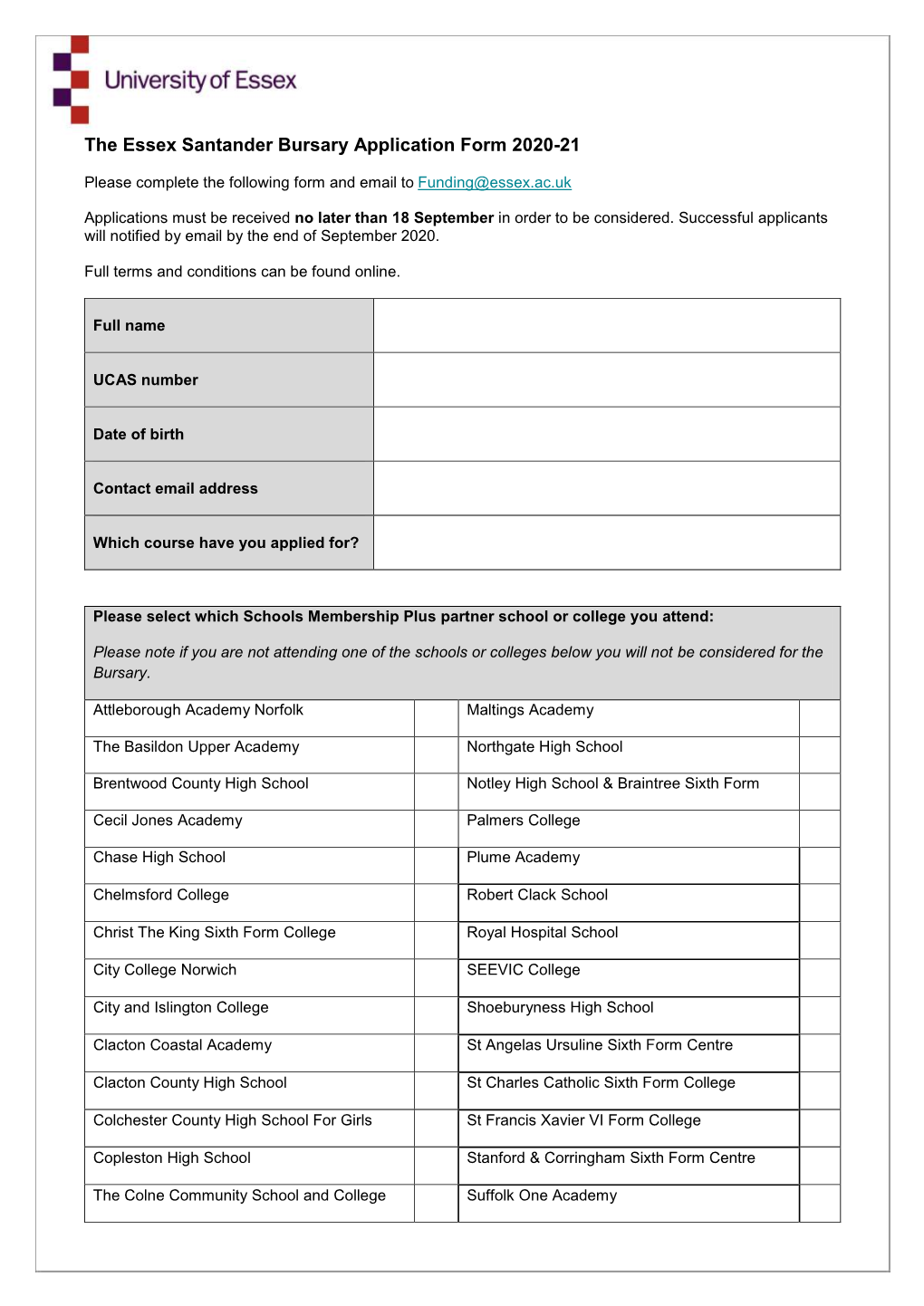 The Essex Santander Bursary Application Form 2020-21