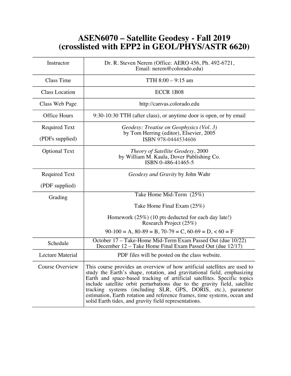 ASEN6070 – Satellite Geodesy - Fall 2019 (Crosslisted with EPP2 in GEOL/PHYS/ASTR 6620)