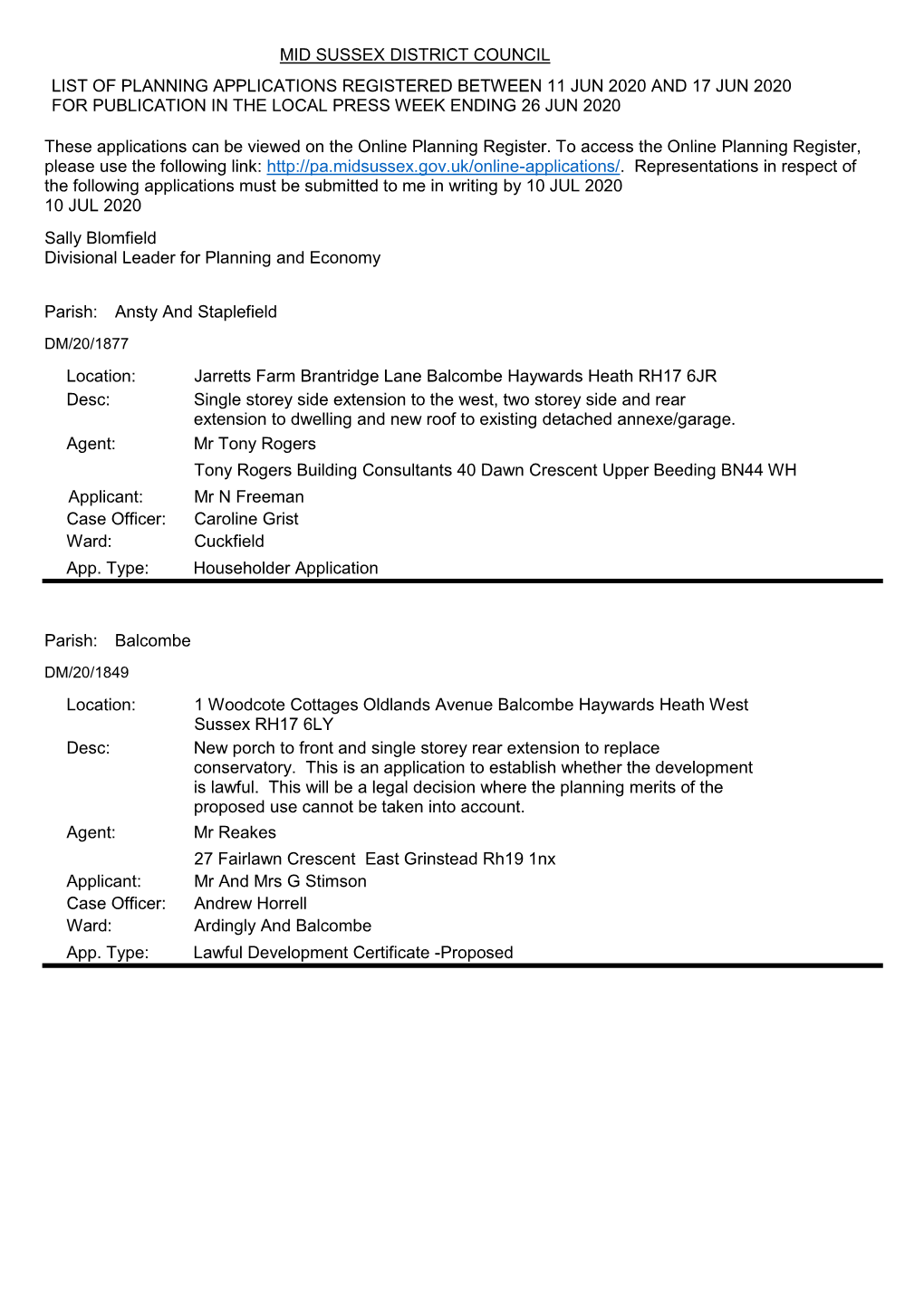 Mid Sussex District Council List of Planning Applications Registered Between 11 Jun 2020 and 17 Jun 2020 for Publication in the Local Press Week Ending 26 Jun 2020