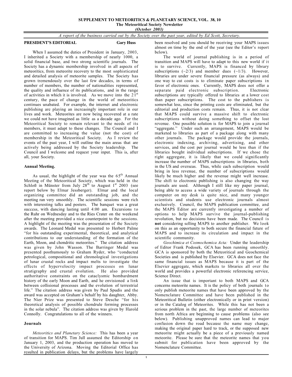The Meteoritical Society Newsletter 2003