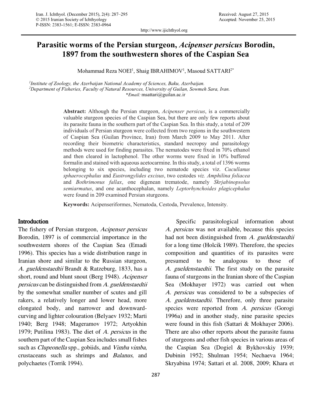 Parasitic Worms of the Persian Sturgeon, Acipenser Persicus Borodin, 1897 from the Southwestern Shores of the Caspian Sea