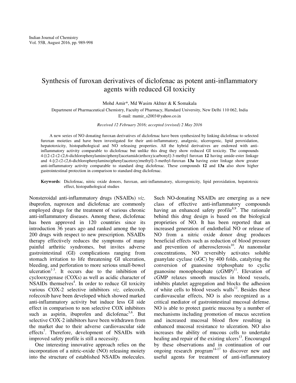 Synthesis of Furoxan Derivatives of Diclofenac As Potent Anti-Inflammatory Agents with Reduced GI Toxicity