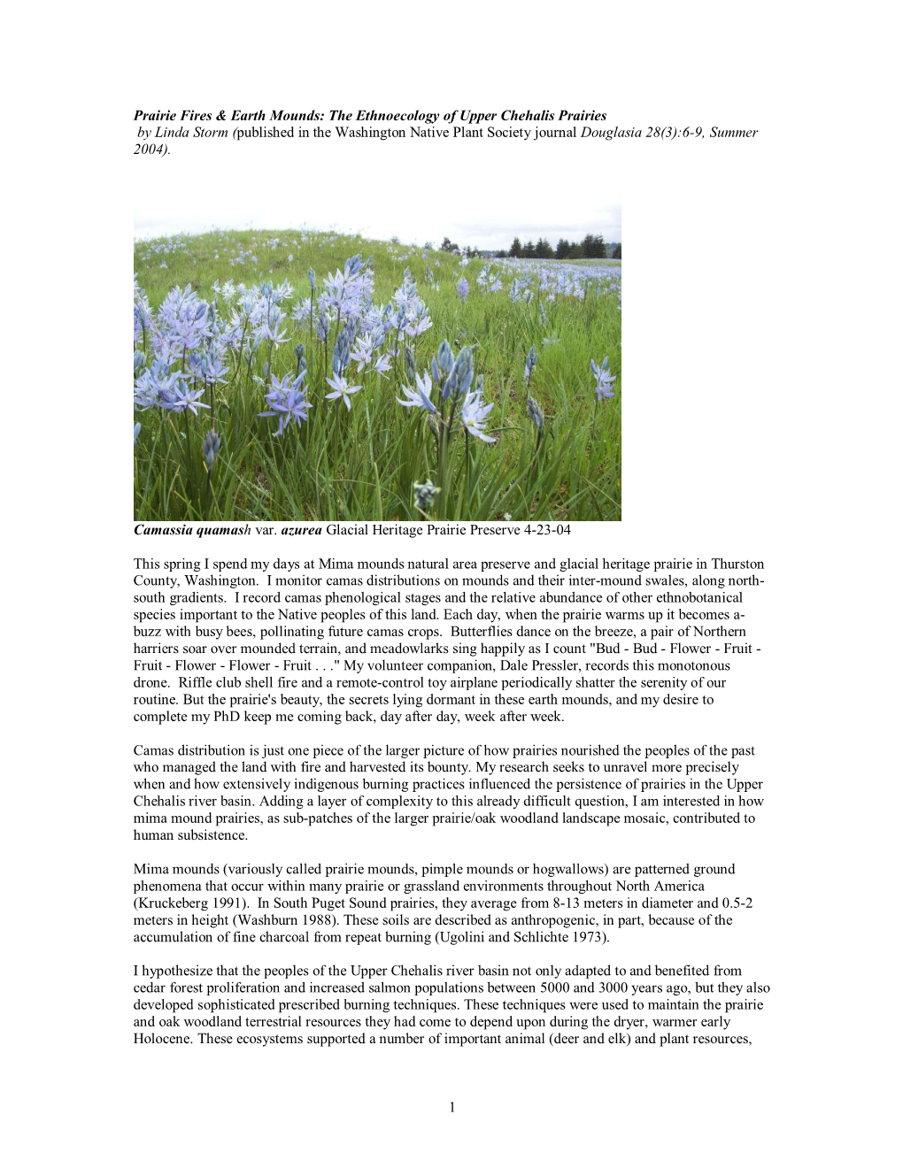 1 Prairie Fires & Earth Mounds: the Ethnoecology of Upper Chehalis