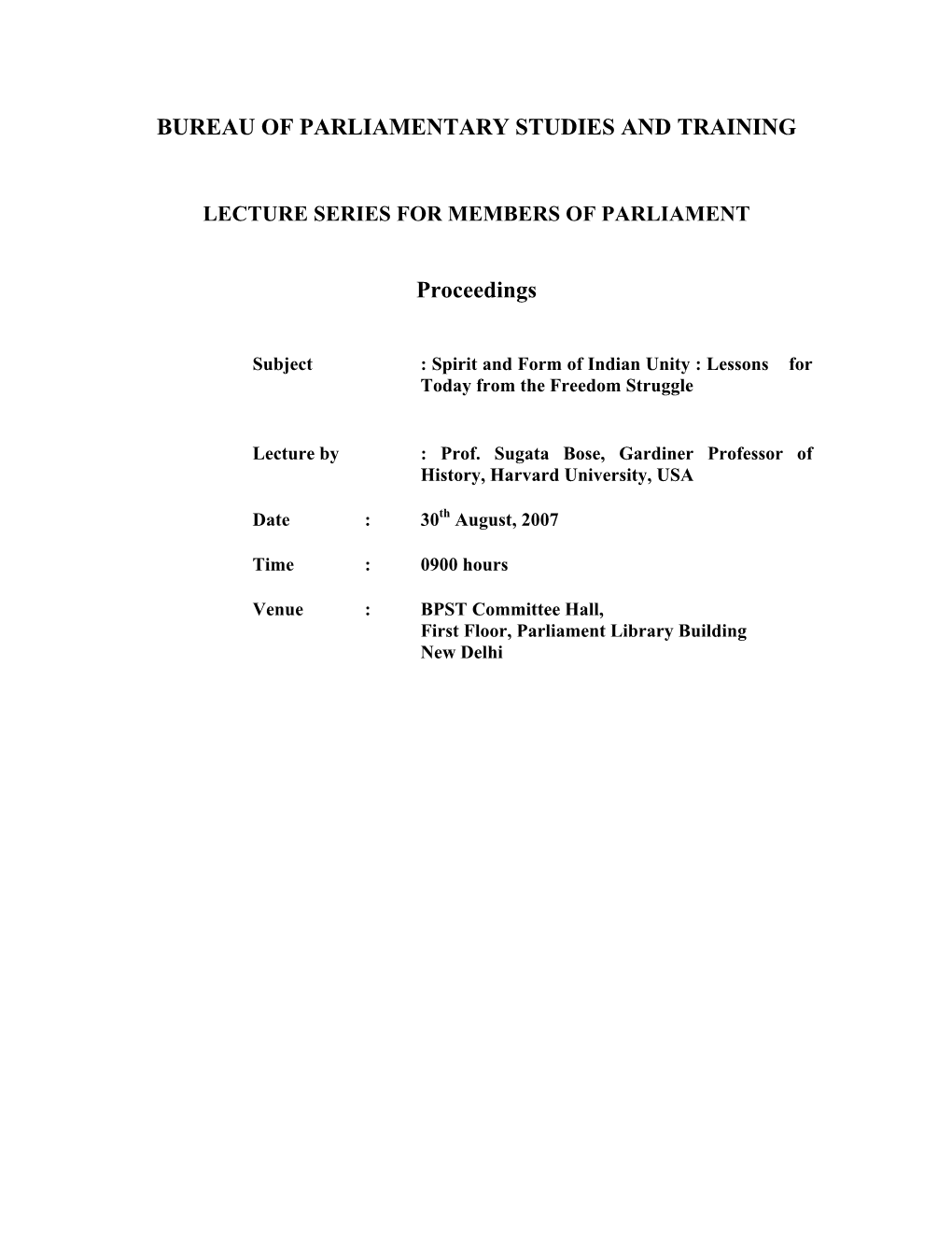 BUREAU of PARLIAMENTARY STUDIES and TRAINING Proceedings