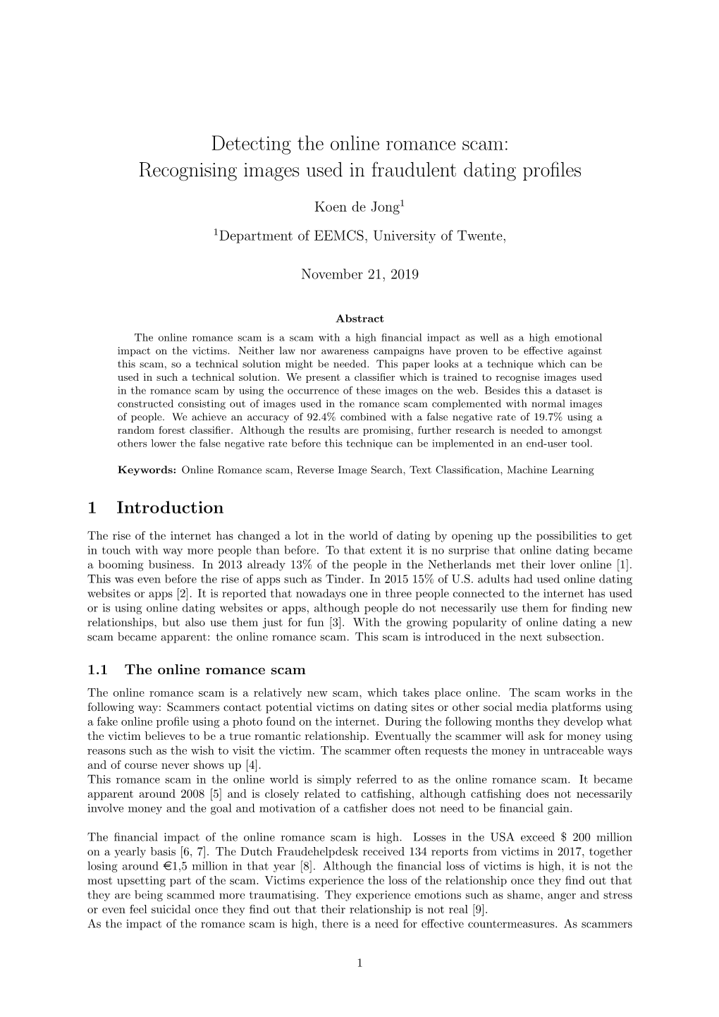 Detecting the Online Romance Scam: Recognising Images Used in Fraudulent Dating Proﬁles