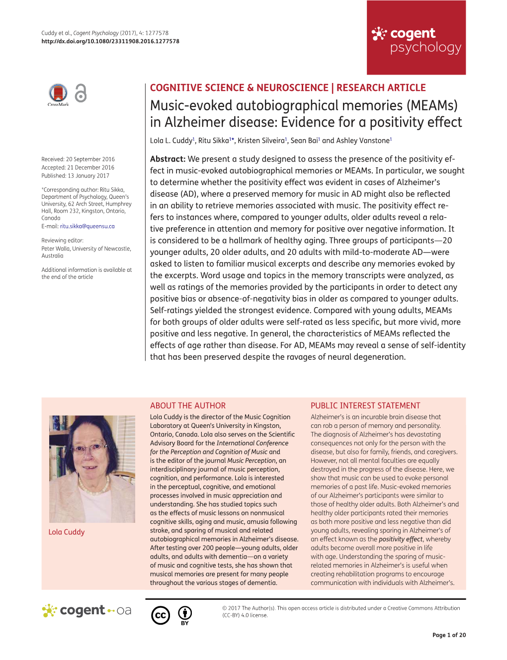 (Meams) in Alzheimer Disease: Evidence for a Positivity Effect Lola L