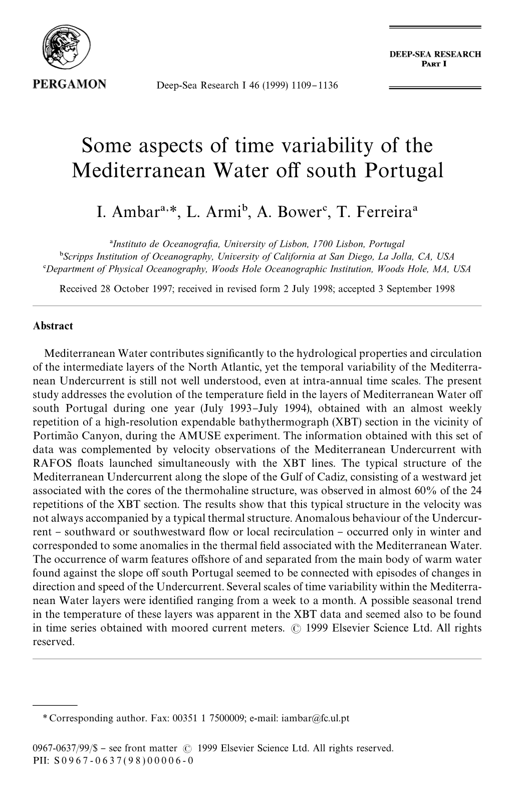 Some Aspects of Time Variability of the Mediterranean Water O! South Portugal