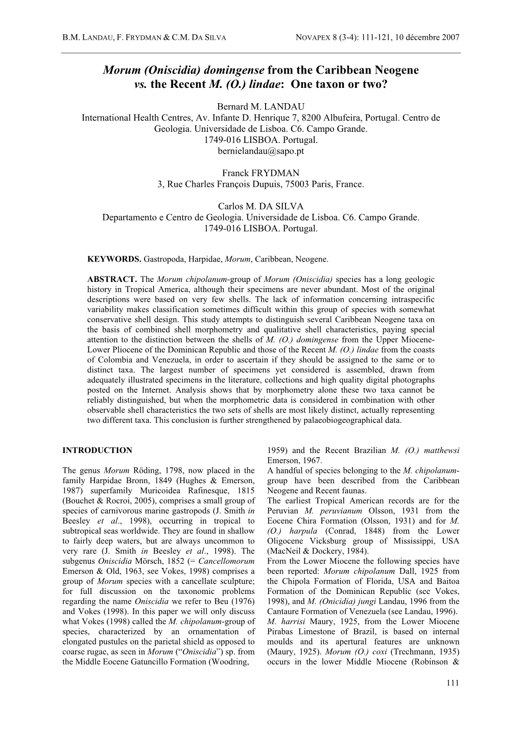 Morum (Oniscidia) Domingense from the Caribbean Neogene Vs. the Recent M