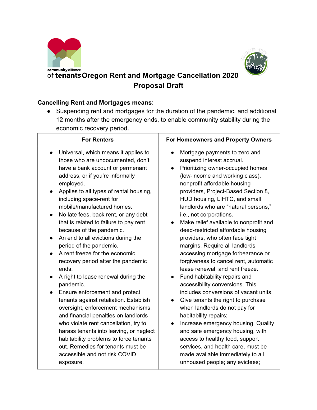 Oregon Rent and Mortgage Cancellation 2020 Proposal Draft