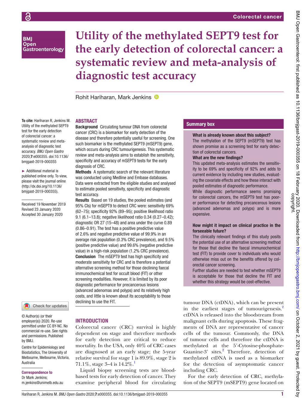 Utility of the Methylated SEPT9 Test for the Early Detection of Colorectal Cancer: a Systematic Review and Meta-­Analysis of Diagnostic Test Accuracy